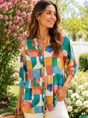 Vintage Y2K Colorful Geometric Print Button Metropolitan Tunic blouse‎